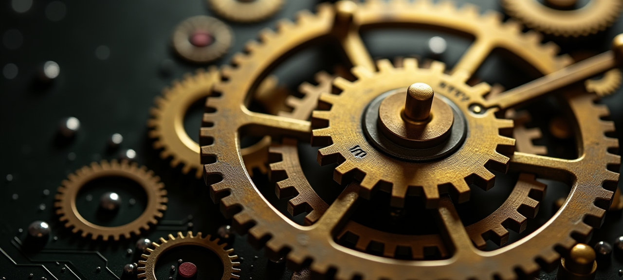 Brass clockwork gears merging with circuit board traces